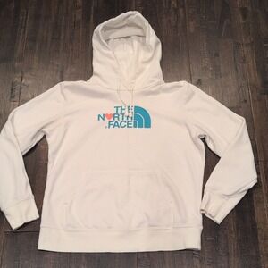 The North Face Womens Large White‎ Hoodie Heart Blue Big Logo Soft Sweatshirt